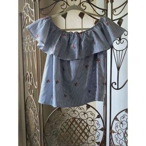 Girl Evolution Women's Blue and White Stripe Top with Roses‎ Size Medium